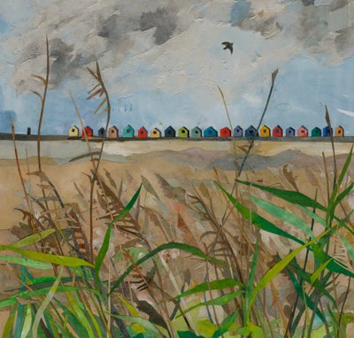 Strandhutten, 2023 (collage van aquarelverf op papier) door Christine McKechnie
