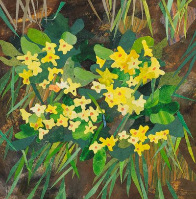 Southolt Primroses, 2025 (collage van aquarelverf op papier) door Christine McKechnie