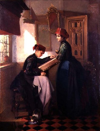 Hindeloopen Meisjes in een Interieur door Christoffel Bisschop