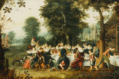 Elegante figuren zittend aan een bankettafel in een bosrijke open plek door Christoffel Jacobsz van der Lamen