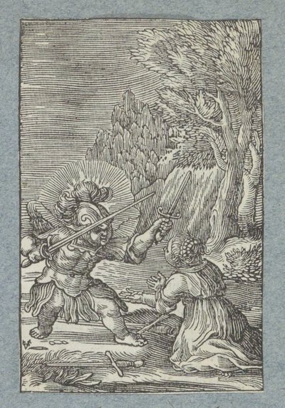 Kind geeft zich over aan engel gekleed als ridder door Christoffel van Sichem (II)