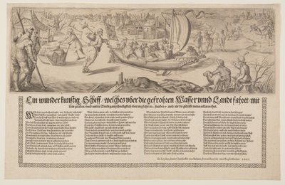 Broadside met een schuit die op het ijs vaart door Christoffel van Sichem I