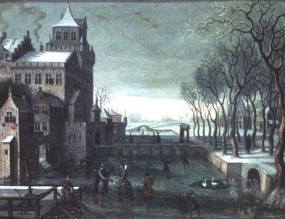 Een Winterlandschap met Figuren die Schaatsen bij een Kasteel met Gracht door Christoffel van den (circle of) Berghe