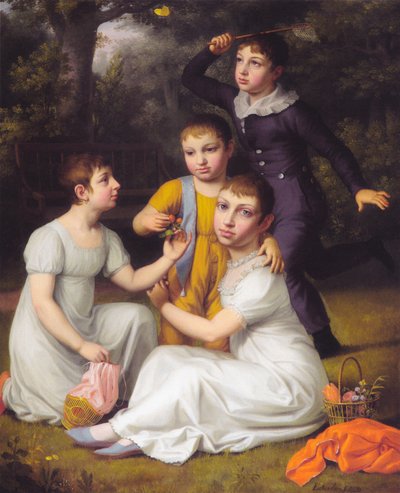 Portret van de vier oudste kinderen van Johannes Søbøtker in Hummeltofte. door Christoffer Wilhelm Eckersberg