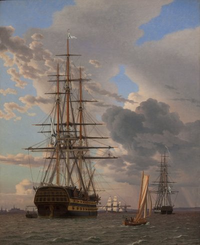 Het Russische linieschip "Asow" en een fregat voor anker op de rede van Helsingør door Christoffer Wilhelm Eckersberg