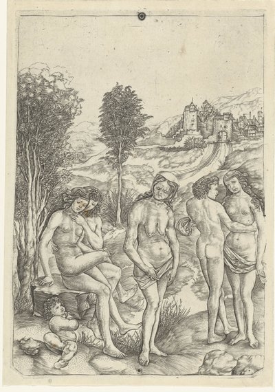 Oude vrouw en twee liefdesparen in landschap door Christoforo di Michele Robetta