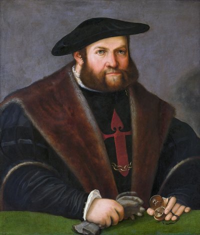 Duits: Portret van Ulrich Ehinger (1485-1537) (Portret van een ridder van Santiago) Ulrich Ehinger als ridder in de Orde van Santiago door Christoph Amberger