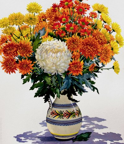 Chrysanten in een gegraveerde kan door Christopher Ryland