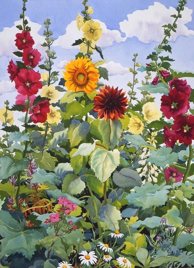 Stokrozen en zonnebloemen, 2003 door Christopher Ryland