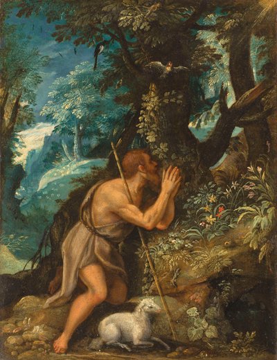 Johannes in de wildernis door Circle of Adam Elsheimer