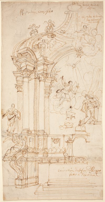 Een Baldakijn met een Schilderij van de Annunciatie door Circle of Andrea Pozzo