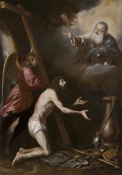 Spaans: Cristo flagelado arrodillado ante Dios Padre (Gegeselde Christus knielend voor God de Vader) door Circle of Antonio del Castillo y Saavedra