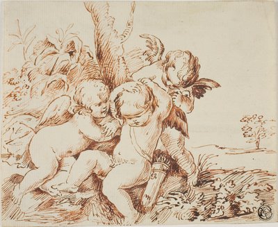 Twee Putti Blinddoeken een Derde door Circle of Guido Reni