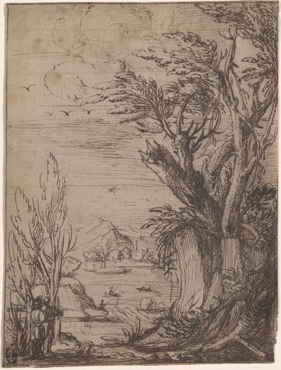 Landschap met Kromme Bomen en Visser door Circle of Jacques de Gheyn