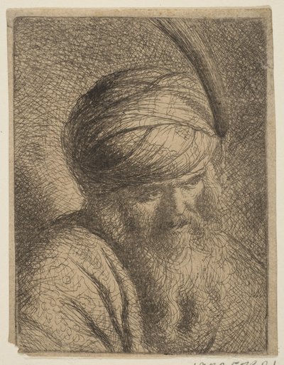 Buste van een Man met een Gevederde Tulband en Lange Baard door Circle of Rembrandt