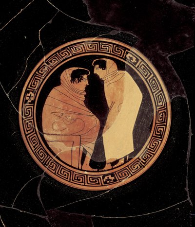 Attische rood-figuur kylix met een gesprek tussen twee mannelijke figuren, c.450 v.Chr. (detail) door Circle of the Penthesilia Painter attr. to Circle of the Penthesilia Painter attr. to