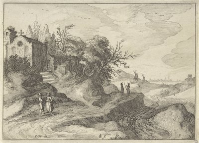 Kapel aan een slingerende landweg door Claes Jansz. Visscher (II)