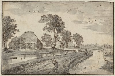 Weg tussen waterlopen in een polderlandschap door Claes Jansz. Visscher (II)