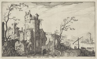 Ruïneuze stadspoort aan het water door Claes Jansz. Visscher (II)