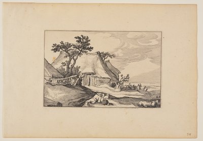 Schuren, rustende man met mand eieren op de voorgrond, uit Landschappen (Verscheyden aerdige Lanthuysen...) door Claes Jansz. Visscher