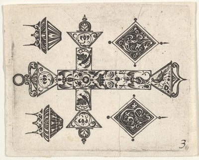 Blackwork print met een Latijns kruis en vier motieven, ca. 1620 door Claes Jansz Visscher