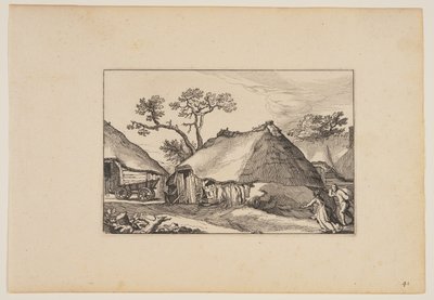 Two Barns, Cart at Left, from Landscapes (Verscheyden aerdige Lanthuysen...) door Claes Jansz. Visscher