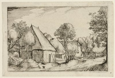 Een boerenerf, plaat vijf naar Afbeeldingen van boerderijen, landhuizen en rustieke dorpen (Praediorum villarum et rusticarum casularum icones) door Claes Jansz. Visscher II