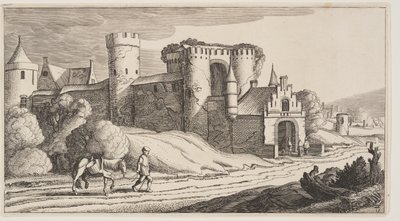 Een boer met een paard op een weg nabij stadsmuren, uit Landschappen (Playsante Lantschappen) door Claes Jansz. Visscher II