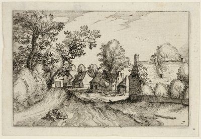 Een dorpsweg, plaat zeven naar afbeeldingen van boerderijen, landhuizen en rustieke dorpen (Praediorum villarum et rusticarum casularum icones) door Claes Jansz. Visscher II