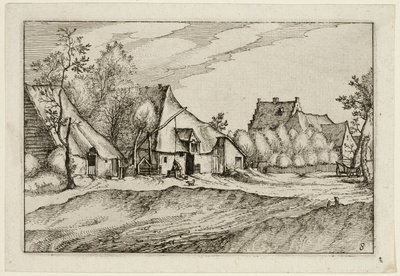 Boerderijen in een dorp, plaat acht naar afbeeldingen van boerderijen, landhuizen en rustieke dorpen (Praediorum villarum et rusticarum casularum icones) door Claes Jansz. Visscher II