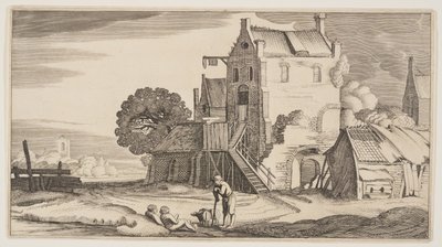 Drie figuren in gesprek bij een herberg, uit Landschappen (Playsante Lantschappen) door Claes Jansz. Visscher II