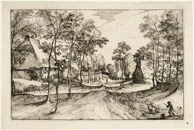 Dorpsweg, plaat veertien naar Afbeeldingen van boerderijen, landhuizen en rustieke dorpen (Praediorum villarum et rusticarum casularum icones) door Claes Jansz. Visscher II