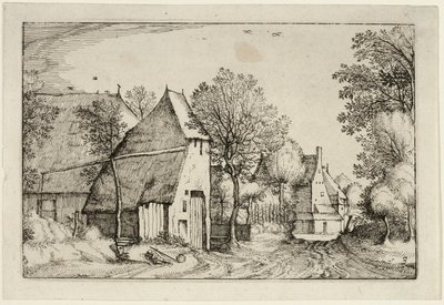Dorpsweg, plaat drie naar Afbeeldingen van boerderijen, landhuizen en rustieke dorpen (Praediorum villarum et rusticarum casularum icones) door Claes Jansz. Visscher II