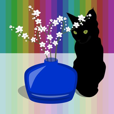 Blauwe Glazen Vaas met Bloesem en Zwarte Kat door Claire Huntley