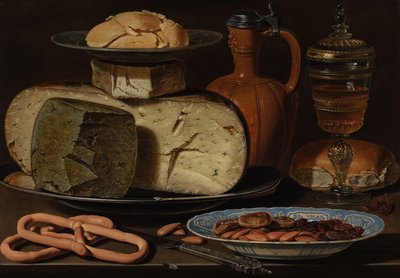 Stilleven met kazen, amandelen en pretzels, c.1615 door Charlotte Evans