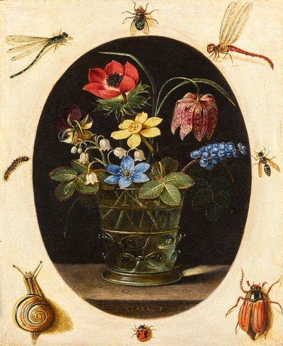Stilleven met bloemen omringd door insecten en een slak door Clara Peeters