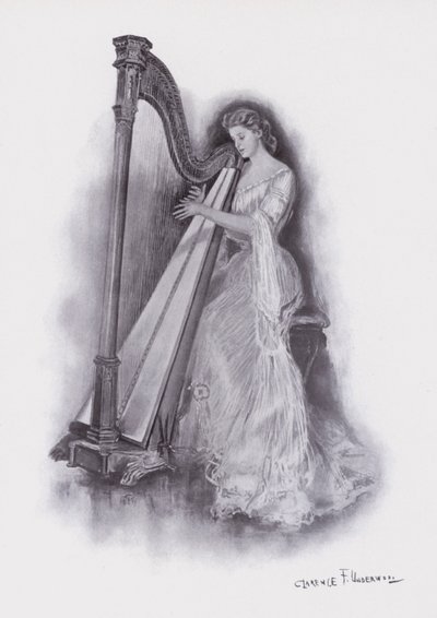 Vrouw die harp speelt (kleur litho) door Clarence F. Underwood