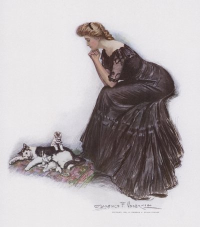 Vrouw kijkt naar een kat en haar kittens door Clarence F. Underwood
