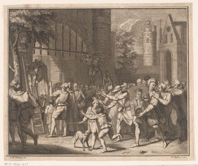 Terdoodveroordeelden worden opgehangen aan de stadspoort door Claude Augustin Duflos