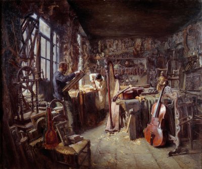 Een restaurateur in zijn werkplaats vol instrumenten (1896) door Claude Firmin