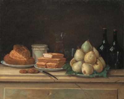 Peren en brood op borden, met flessen wijn en glazen op een stenen richel door Claude Joseph Fraichot