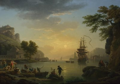 Een Landschap bij Zonsondergang met Vissers die Terugkeren met hun Vangst door Claude Joseph Vernet