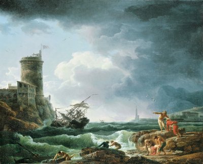 Een Storm met Schipbreuk bij een Fort, een Schipbreukeling op de Voorgrond, 1769 door Claude Joseph Vernet