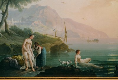 Zwemmende meisjes aan de kust ... (schilderij op doek) door Claude Joseph Vernet