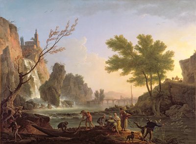 Visser in een landschap met een waterval en een brug door Claude Joseph Vernet