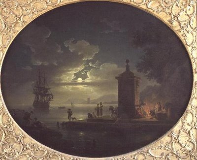 Nacht: een maanverlichte kustlandschap met vissers bij een vuur op een kade, een oorlogsschip daarachter door Claude Joseph Vernet
