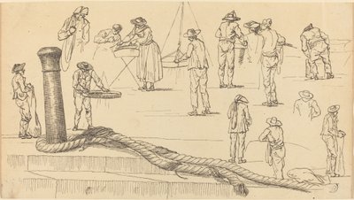 Kadefiguren en een stuk touw bevestigd aan een bolder door Claude Joseph Vernet