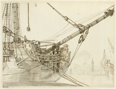 Studie van de boeg van een oorlogsschip met Britse oorlogsschepen en de haven van Napels erachter door Claude Joseph Vernet