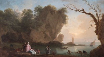 Zonsondergang: Uitzicht over een baai met figuren, 1742 door Claude Joseph Vernet