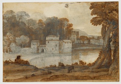 Herder bij een meer bij een versterkte molen ... door Claude Lorrain (1600-82)